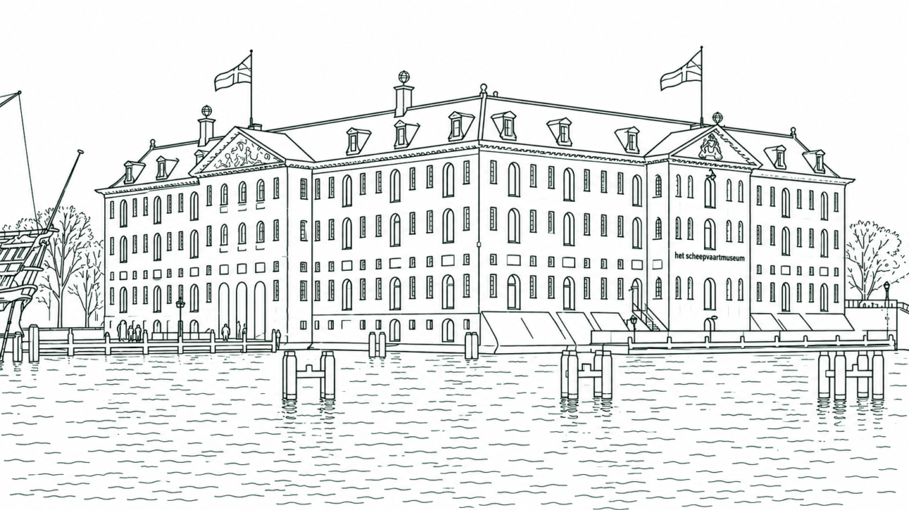 Line drawing of Het Scheepvaartmuseum, a large canal-side museum with many windows and flagpoles.