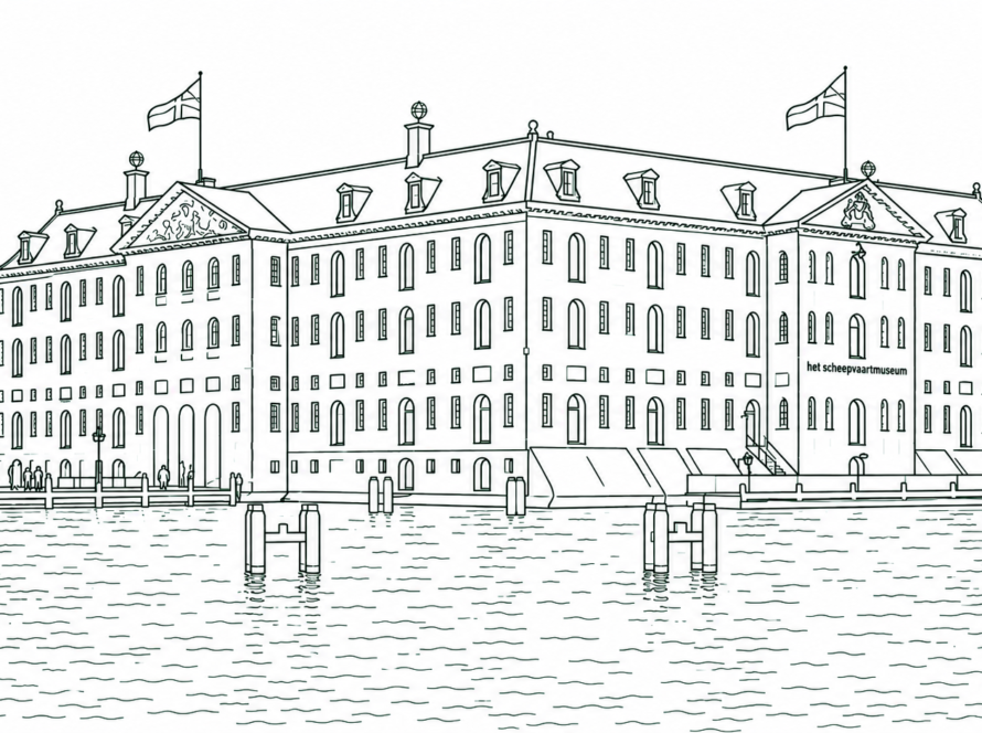 Line drawing of Het Scheepvaartmuseum, a large canal-side museum with many windows and flagpoles.