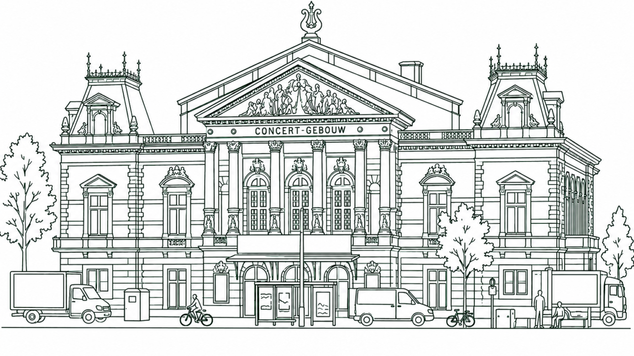 Front view of the Concertgebouw, a grand classical concert hall with columns, statues, and a pediment, on a busy street with cars, bikes, and pedestrians.