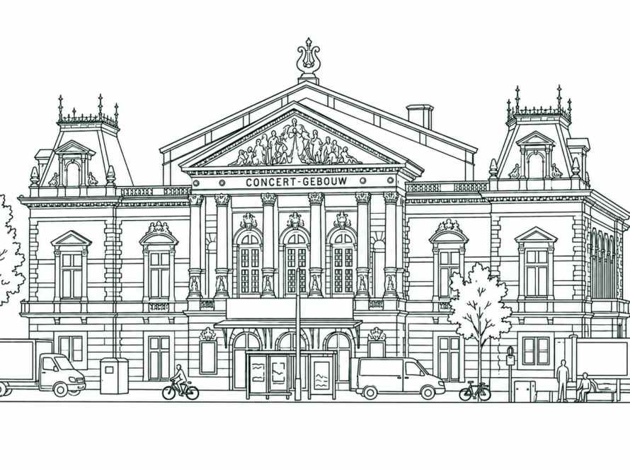 Front view of the Concertgebouw, a grand classical concert hall with columns, statues, and a pediment, on a busy street with cars, bikes, and pedestrians.
