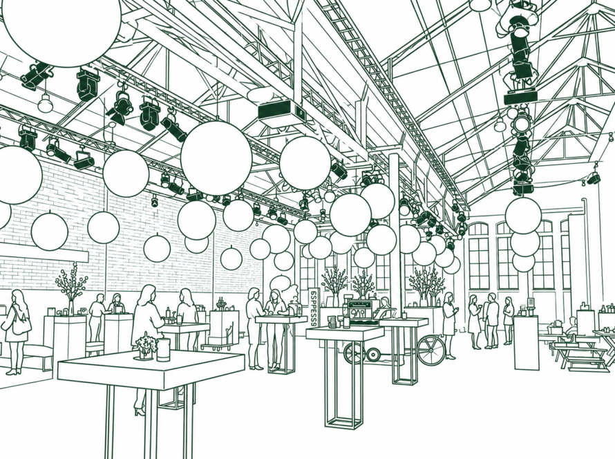 Indoor event space with hanging balloons, people mingling at tables and food stands in a large hall with an industrial ceiling.