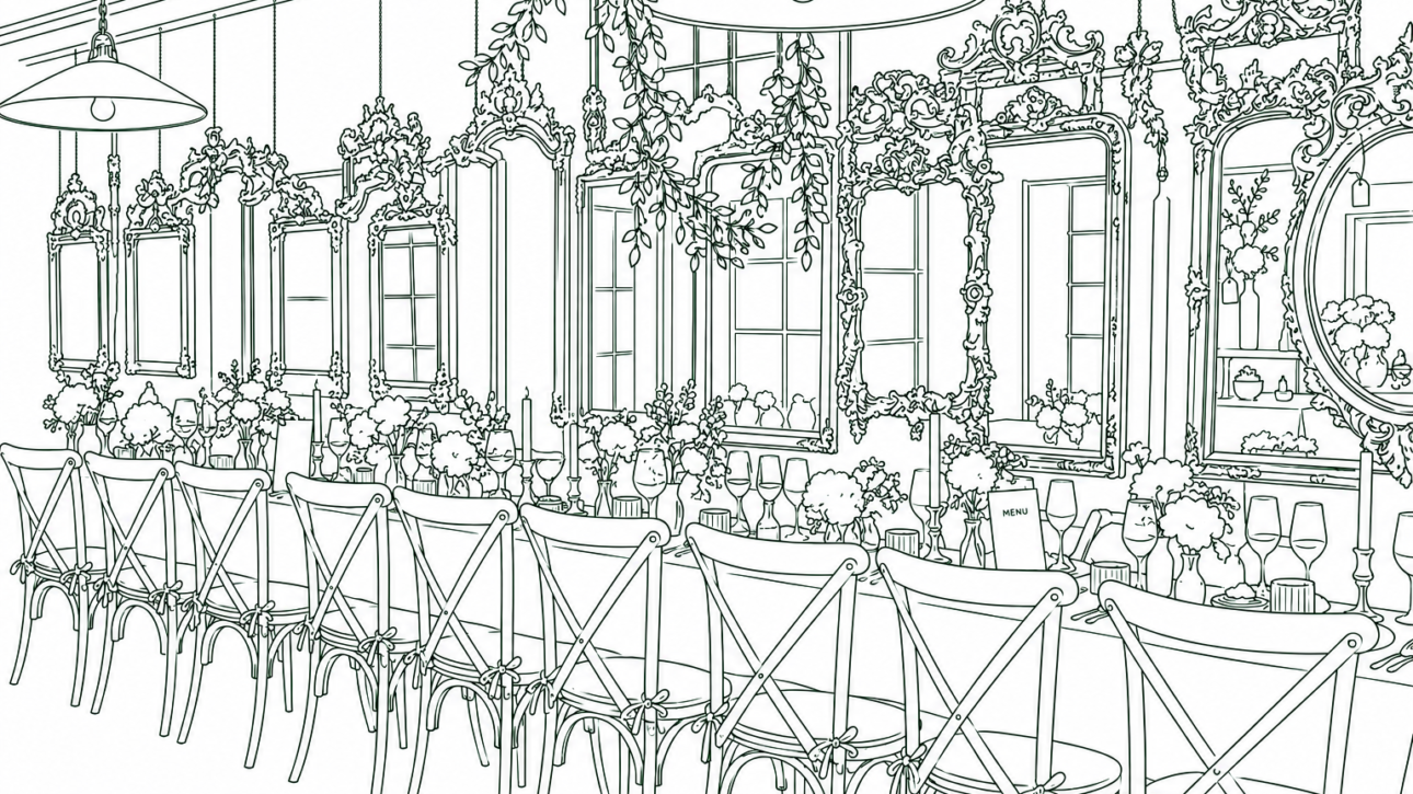 Elegant dining room line drawing: a long banquet table with chairs, ornate mirrors, chandeliers, and lush floral centerpieces.