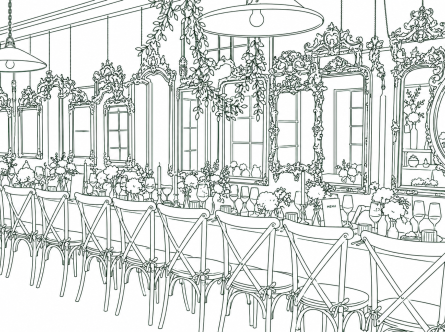 Elegant dining room line drawing: a long banquet table with chairs, ornate mirrors, chandeliers, and lush floral centerpieces.