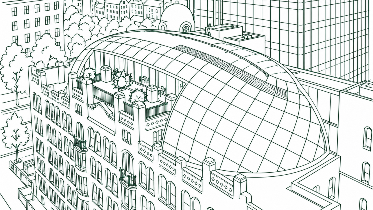 A rooftop conservatory with a glass dome atop a historic brick building in a cityscape, with trees and other buildings nearby.