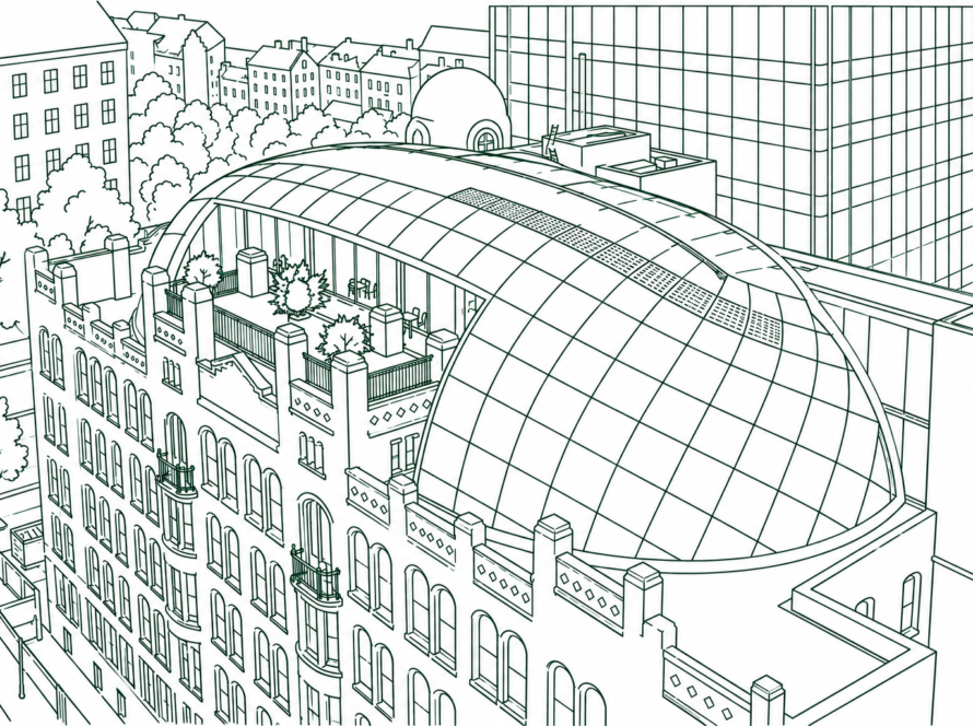 A rooftop conservatory with a glass dome atop a historic brick building in a cityscape, with trees and other buildings nearby.