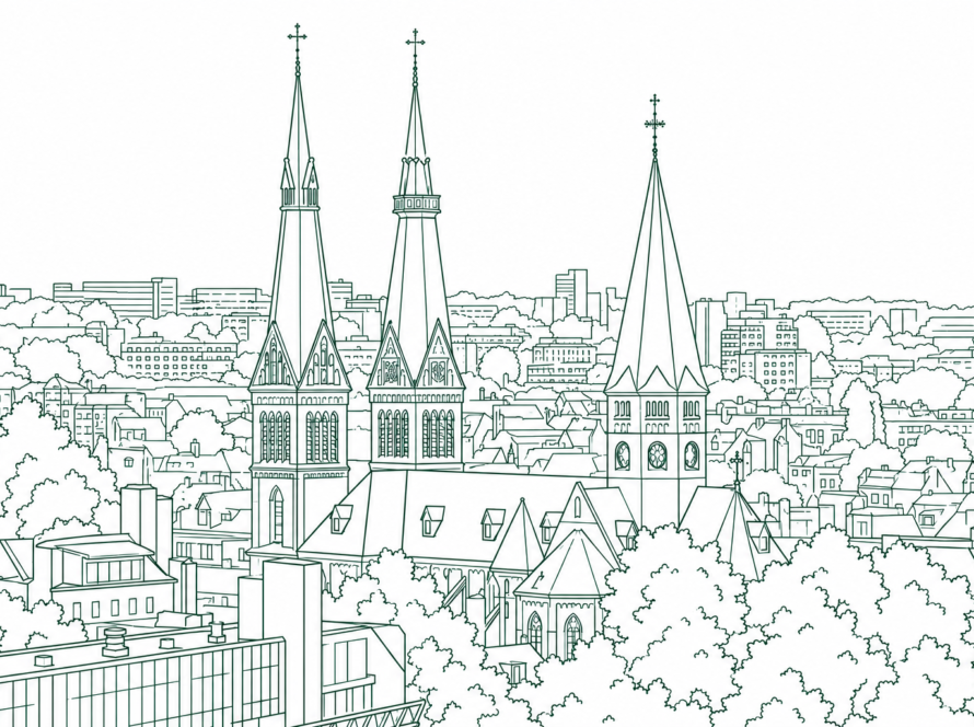 City skyline with three tall church spires and Gothic windows, surrounded by trees and low-rise buildings.