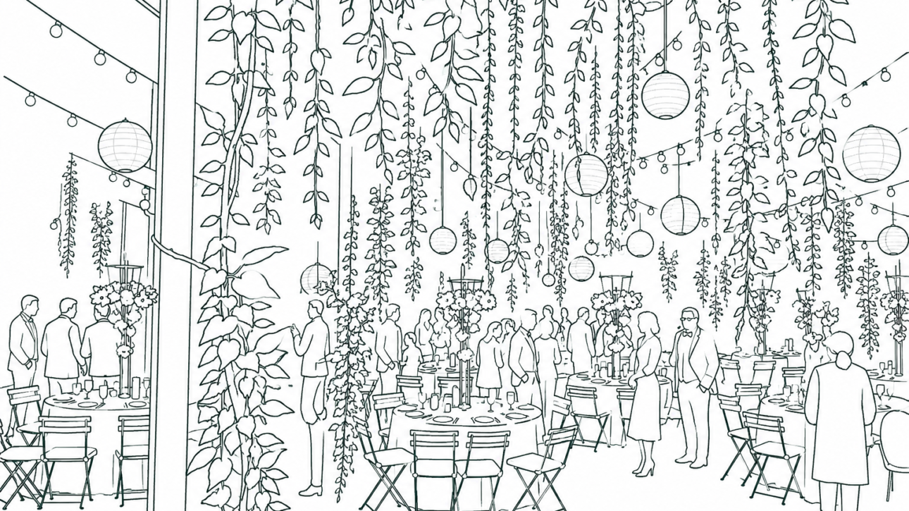 Outdoor garden party or reception with hanging vines, string lights, and round lanterns; guests mingle around tables with floral centerpieces (line drawing).
