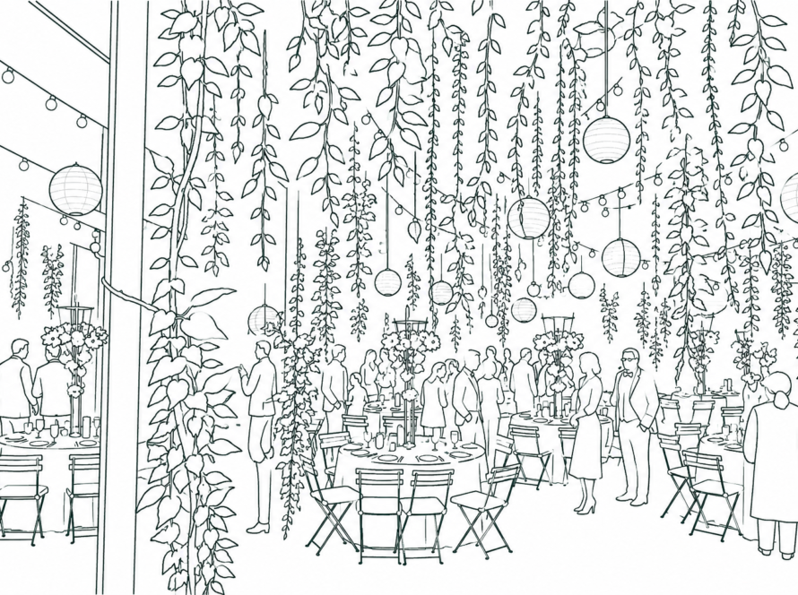 Outdoor garden party or reception with hanging vines, string lights, and round lanterns; guests mingle around tables with floral centerpieces (line drawing).