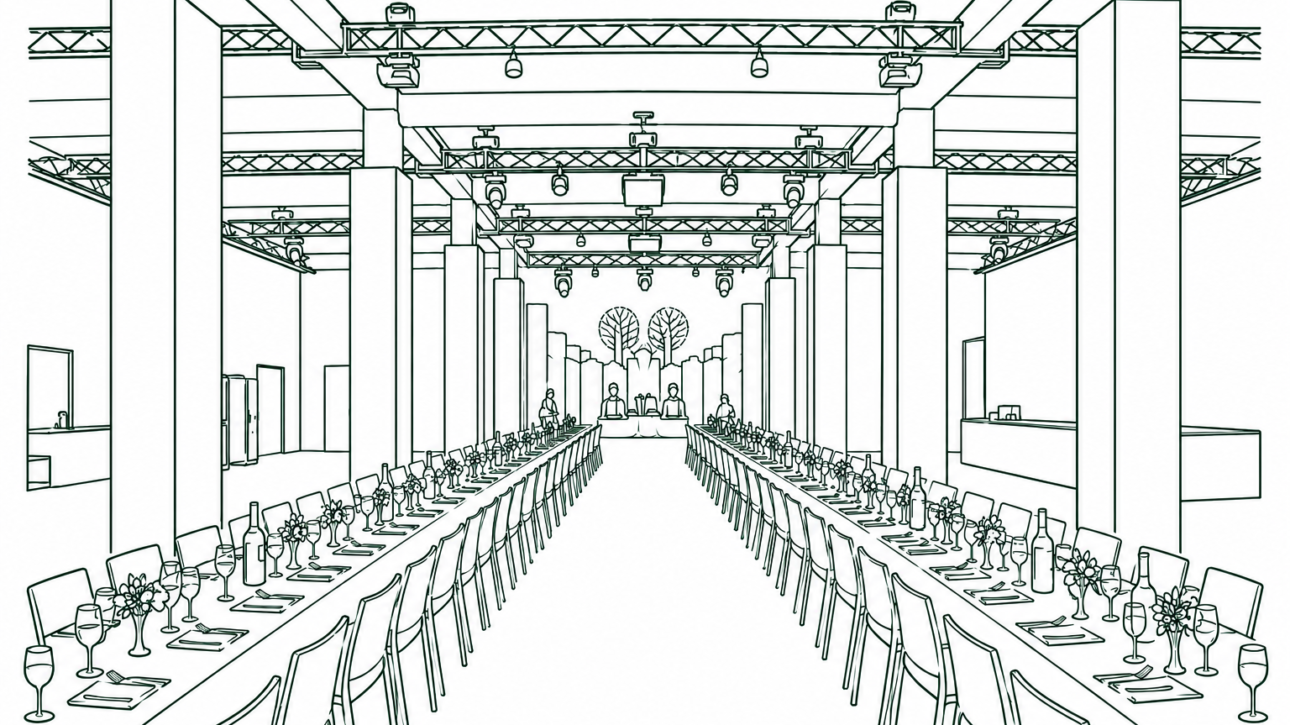 Line drawing of a banquet hall with two long rows of tables, place settings, and a stage at the far end.