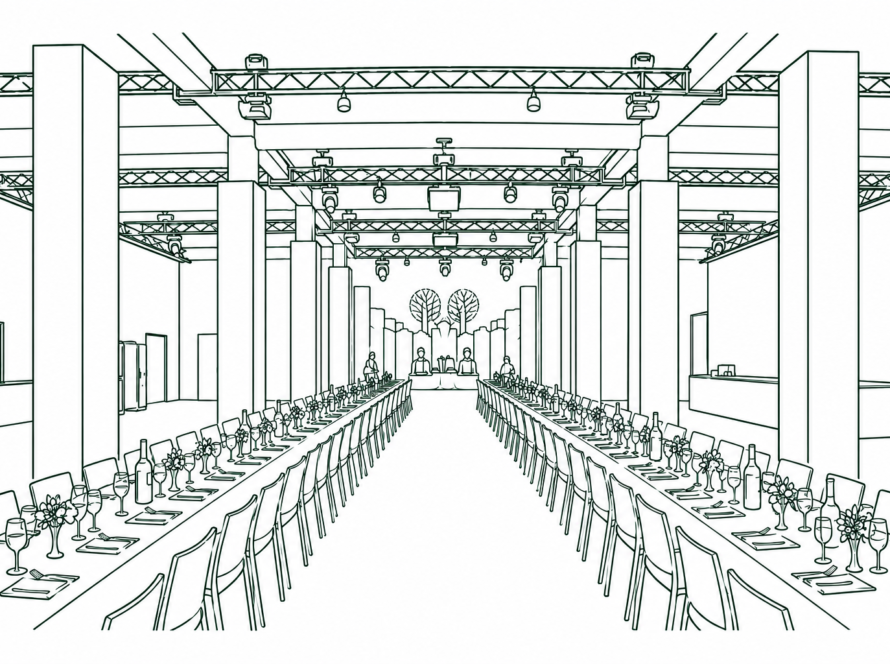 Line drawing of a banquet hall with two long rows of tables, place settings, and a stage at the far end.