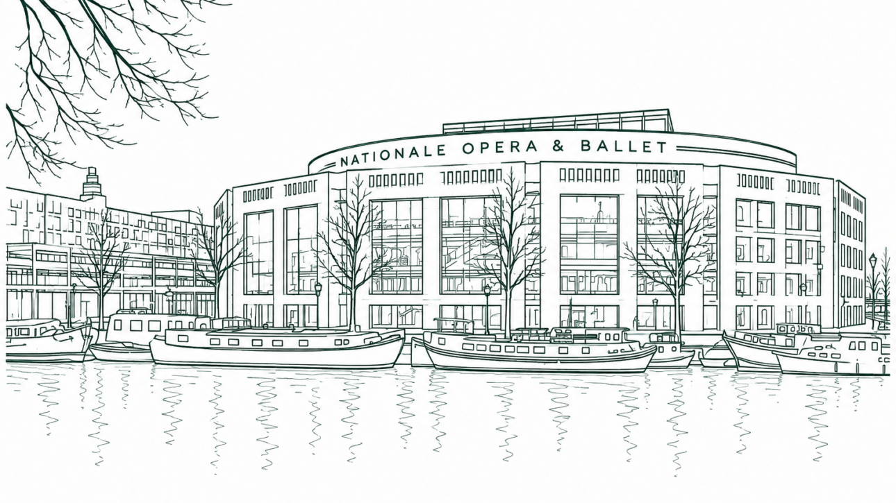 Line drawing of the Nationale Opera & Ballet building along a river with moored boats and leafless trees nearby.
