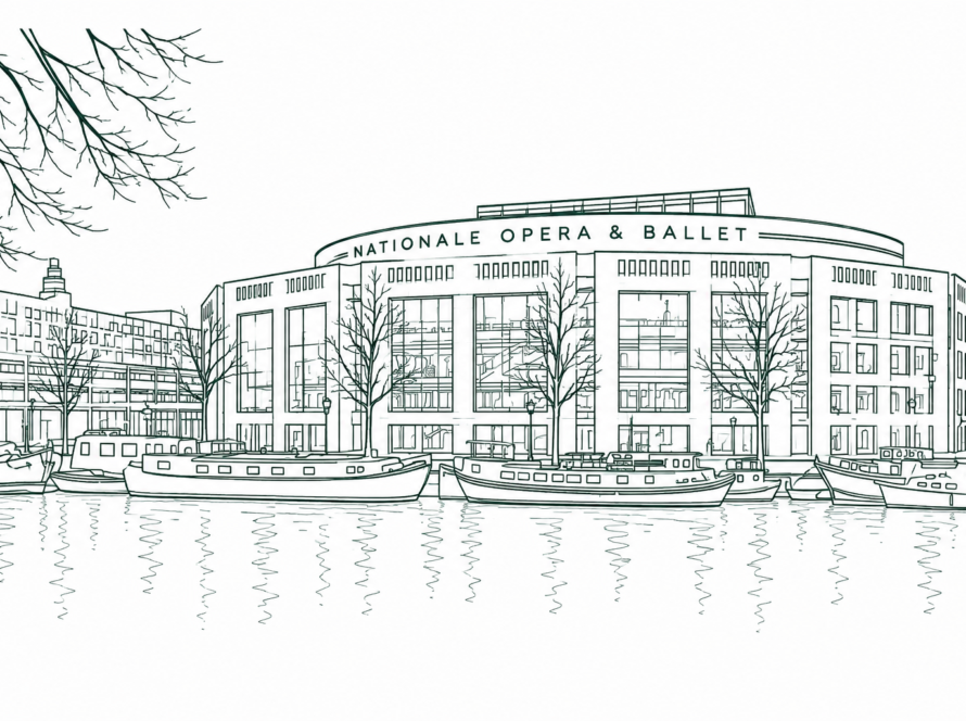 Line drawing of the Nationale Opera & Ballet building along a river with moored boats and leafless trees nearby.