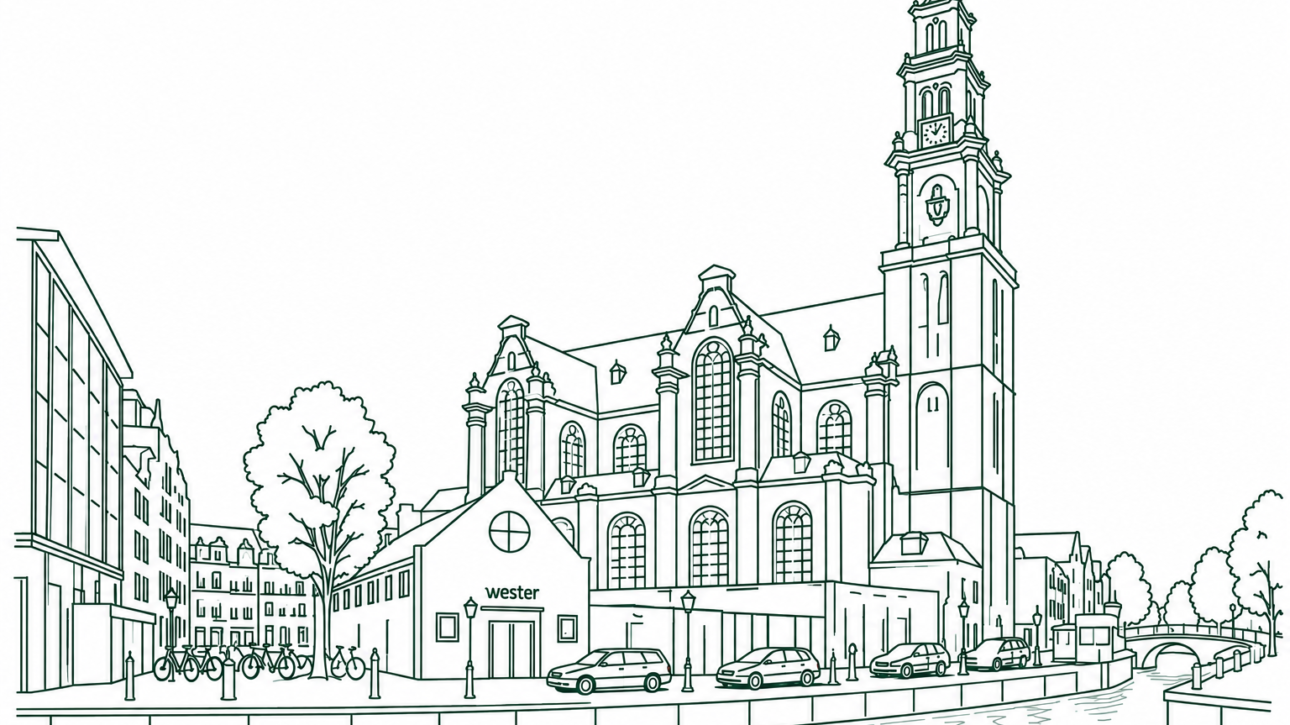 Line drawing of a European cityscape with a large church, river, bridge, trees, cars, and a bike-friendly street scene (building labeled 'wester').