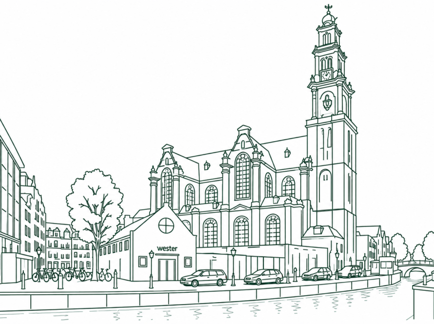 Line drawing of a European cityscape with a large church, river, bridge, trees, cars, and a bike-friendly street scene (building labeled 'wester').