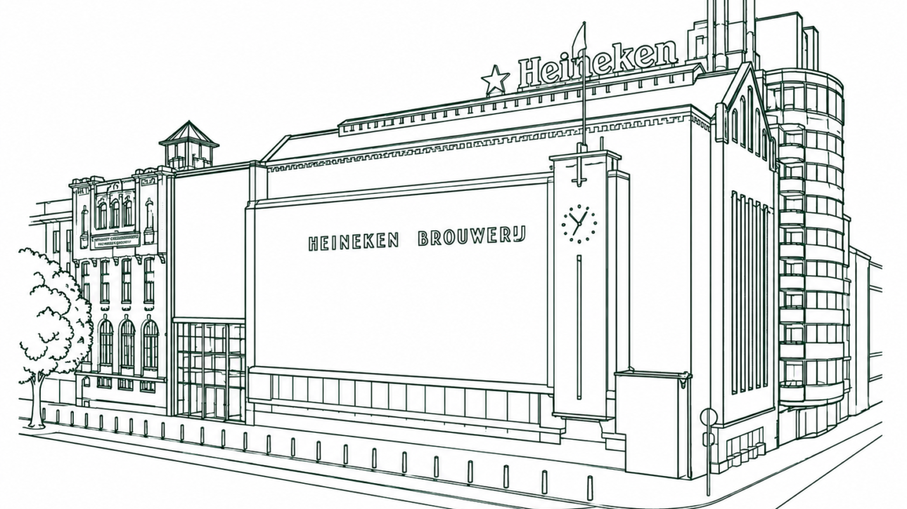 Line drawing of a Heineken brewery exterior with a large HEINEKEN BROUWERIJ sign on the facade and a street in front.