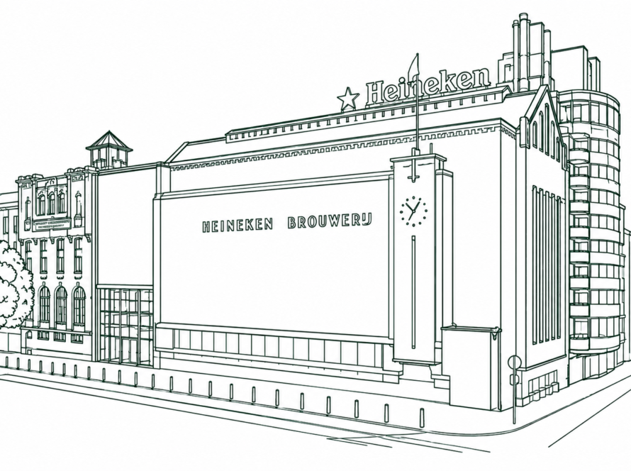 Line drawing of a Heineken brewery exterior with a large HEINEKEN BROUWERIJ sign on the facade and a street in front.