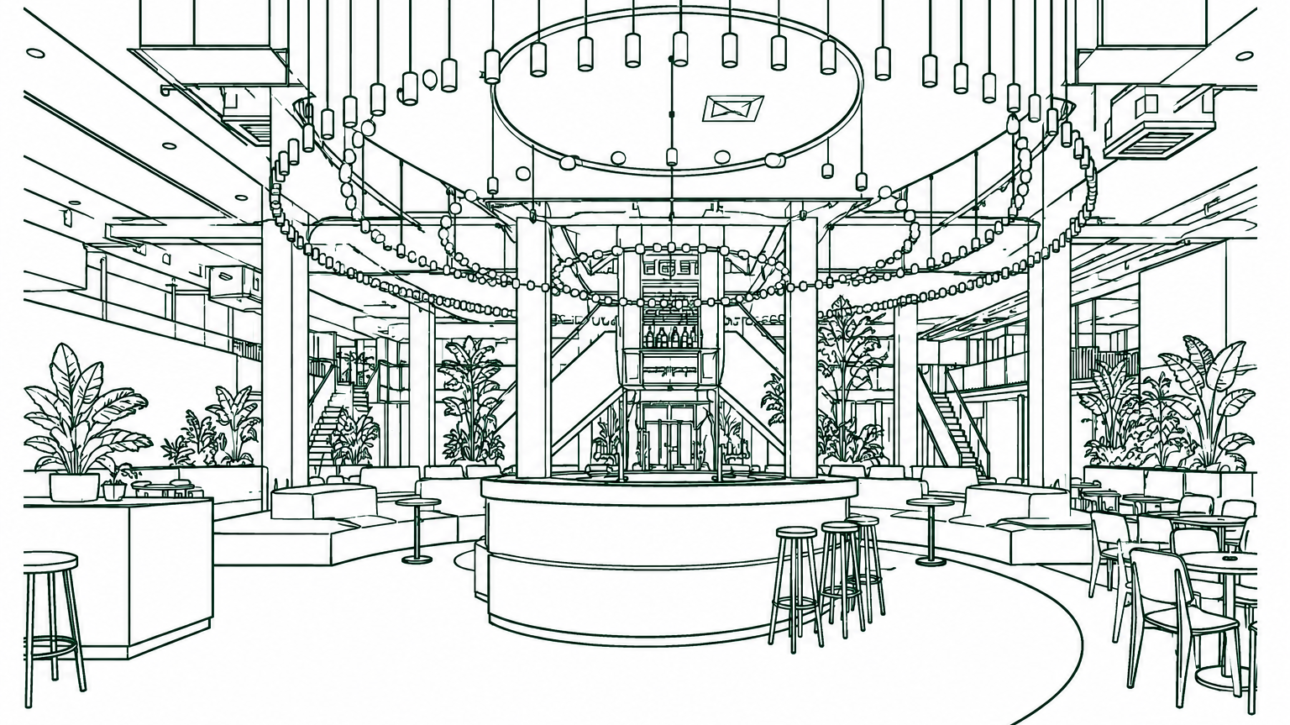 Modern indoor lounge with a circular bar at center, pendant lights, plants, and seating around the area. Reference central focal point and greenery.