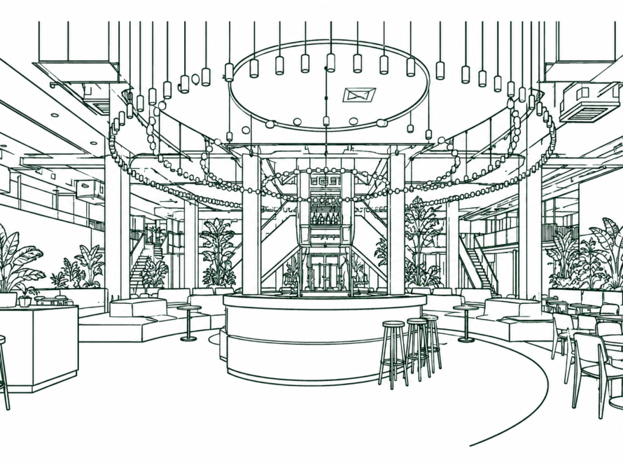 Modern indoor lounge with a circular bar at center, pendant lights, plants, and seating around the area. Reference central focal point and greenery.