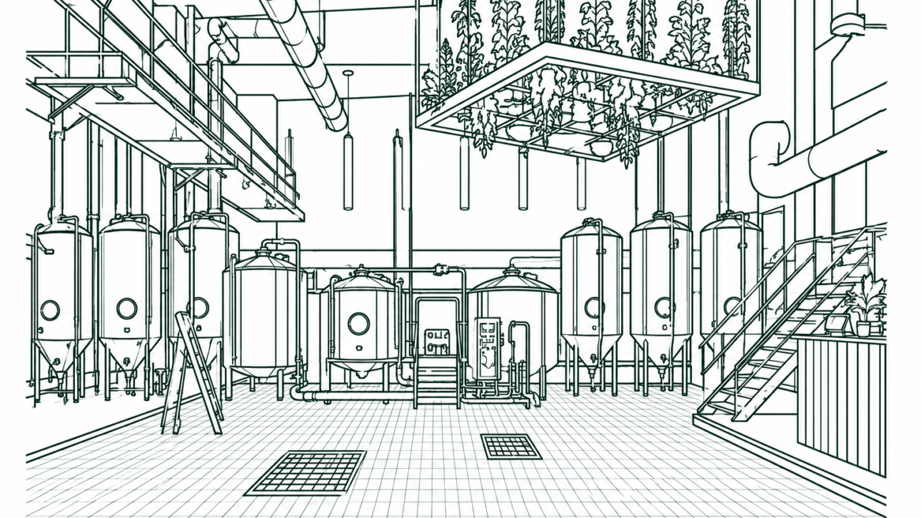 Industrial brewery interior with tall cylindrical fermentation tanks, network of pipes, a mezzanine, suspended greenery, and a staircase leading to an upper level.