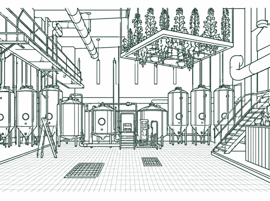 Industrial brewery interior with tall cylindrical fermentation tanks, network of pipes, a mezzanine, suspended greenery, and a staircase leading to an upper level.