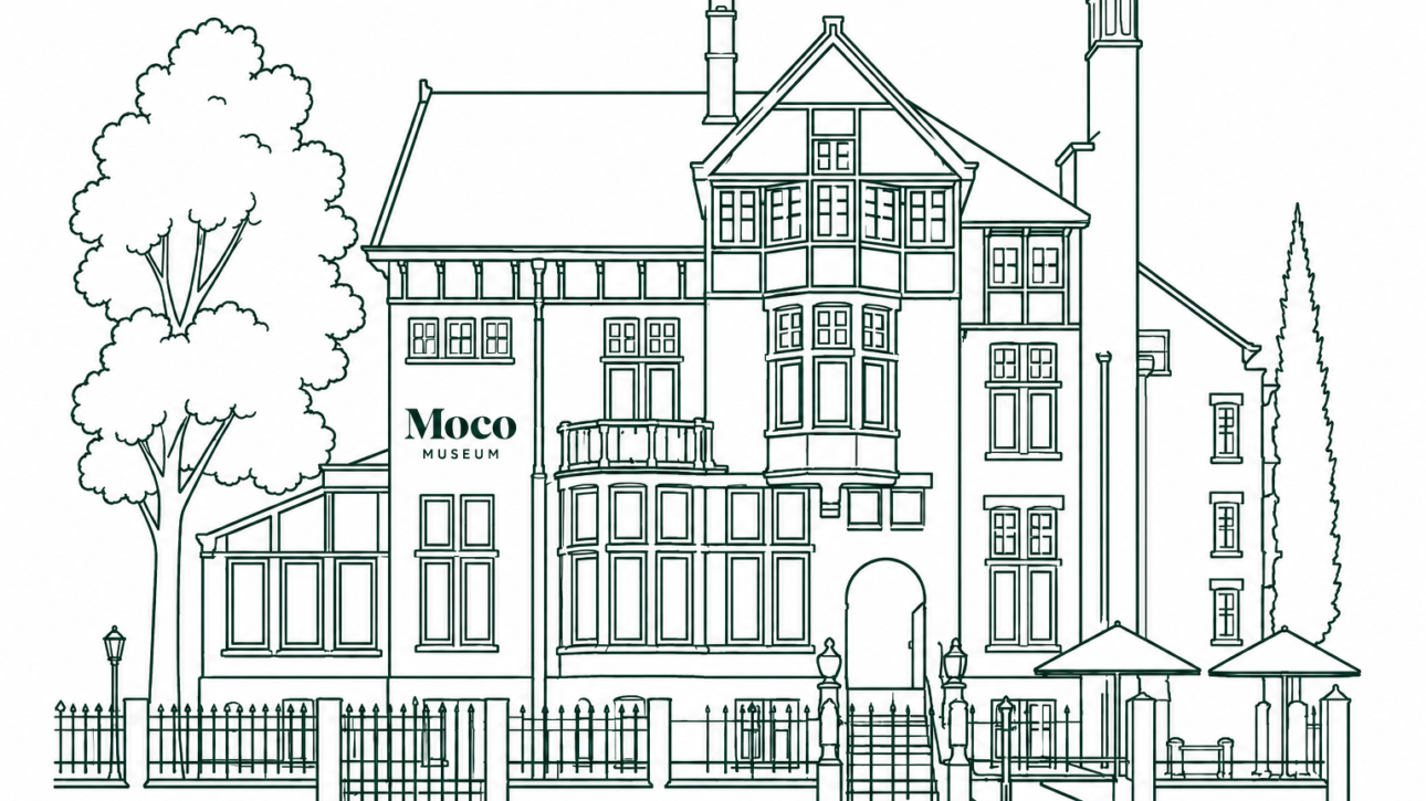 Line drawing of the MOCO Museum building with a fence, trees, and outdoor seating areas in front.