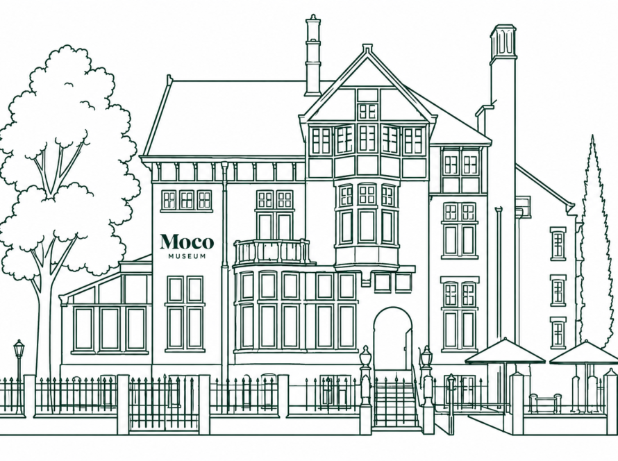 Line drawing of the MOCO Museum building with a fence, trees, and outdoor seating areas in front.