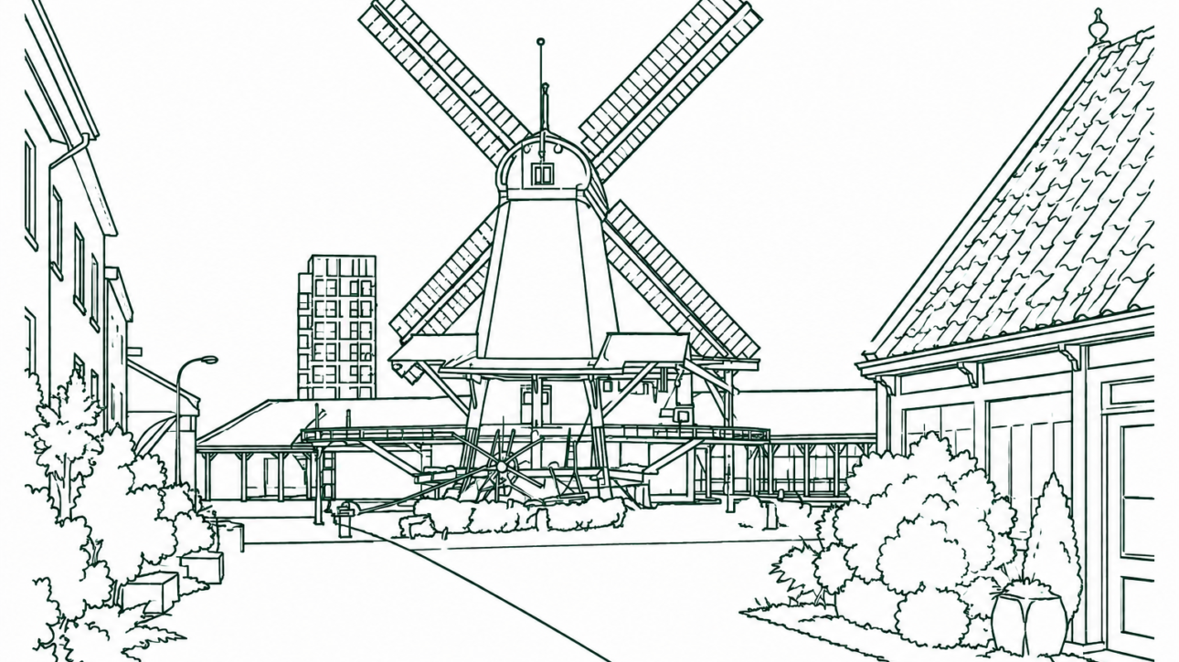 Line drawing of a large windmill with four blades in a plaza surrounded by buildings and greenery, serving as a central landmark in an urban scene.