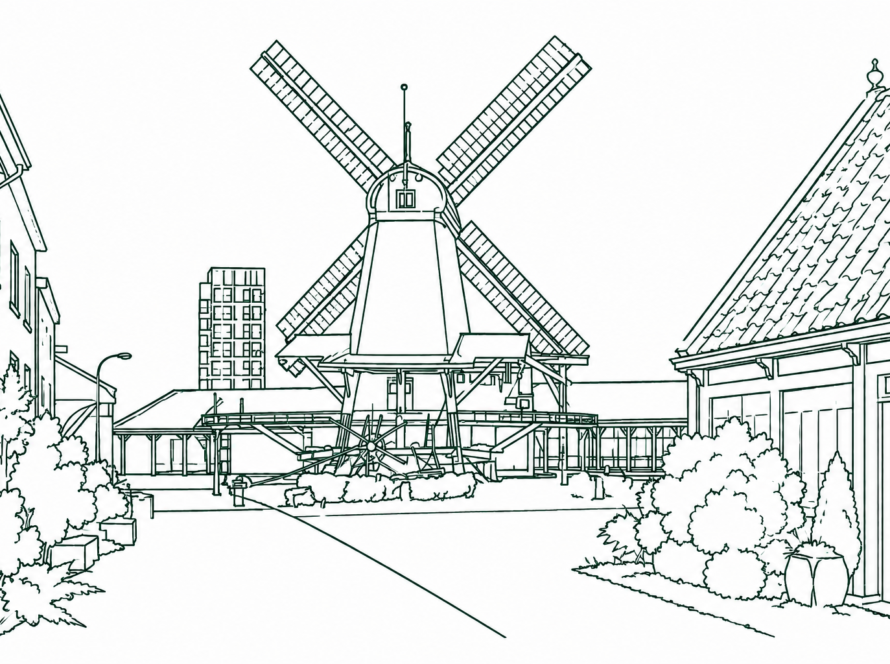 Line drawing of a large windmill with four blades in a plaza surrounded by buildings and greenery, serving as a central landmark in an urban scene.