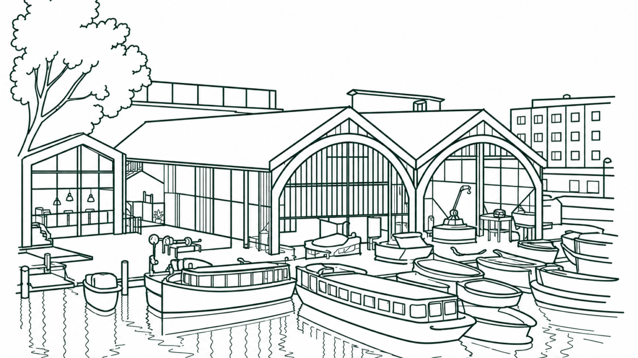 Line drawing of a marina with multiple boats docked in front of a glass-walled boathouse and a two-arch pavilion.