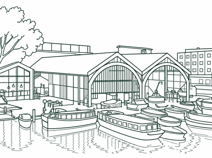 Line drawing of a marina with multiple boats docked in front of a glass-walled boathouse and a two-arch pavilion.