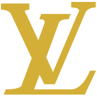 Louis Vuitton interlocking LV monogram logo in gold on white background
