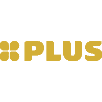 Gold logo with a four-petal flower icon to the left of the word PLUS, in a bold gold typeface.