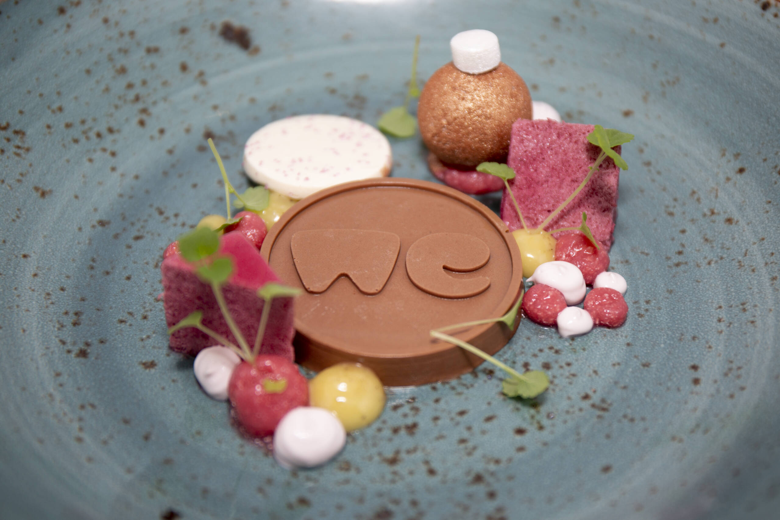 Close-up of a decorative dessert plate featuring a large chocolate coin, pink and white confections, and green herbs on a blue speckled dish.