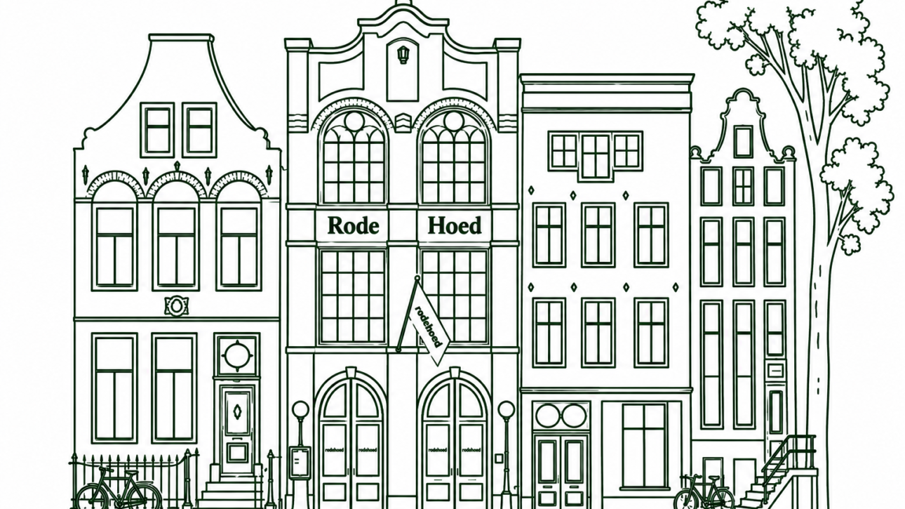 Line drawing of a row of Dutch-style shop houses along a street, with the central storefront labeled 'Rode Hoed'. on the left and bicycles nearby.