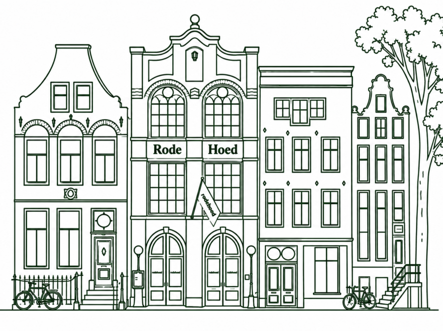 Line drawing of a row of Dutch-style shop houses along a street, with the central storefront labeled 'Rode Hoed'. on the left and bicycles nearby.