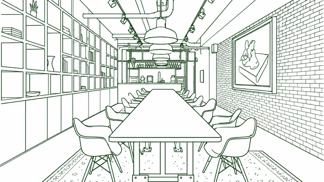 Modern conference room with a long rectangular table surrounded by white molded chairs, brick wall on the right, and floor shelving along the left wall.