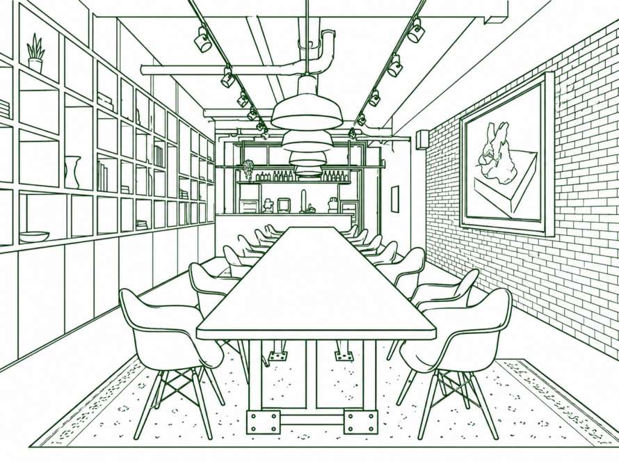 Modern conference room with a long rectangular table surrounded by white molded chairs, brick wall on the right, and floor shelving along the left wall.