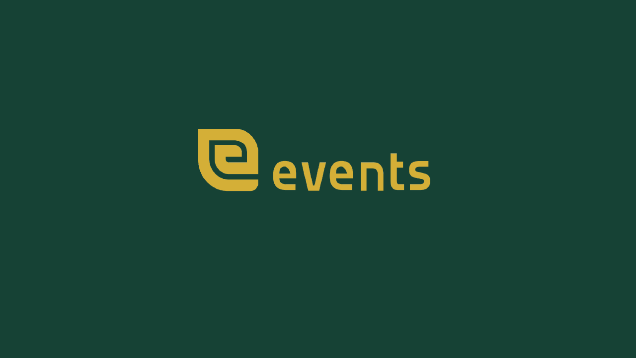 Gold logo with a stylized 'e' icon and the word 'events' on a dark green background